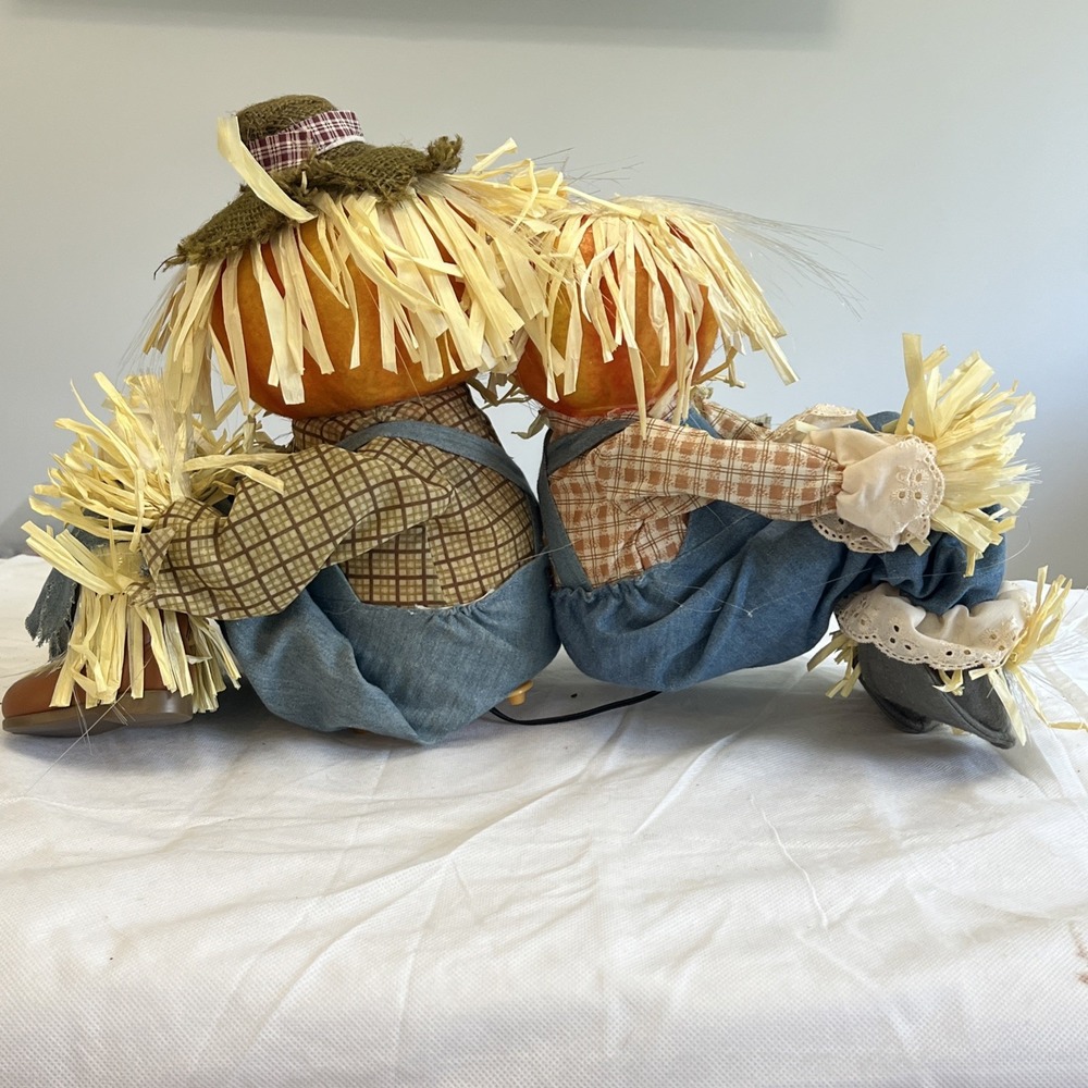 Vtg Gemmy Fiber Optic Lit Pumpkin Scarecrow Couple Halloween Fall Thanksgiving - Picture 5 of 14